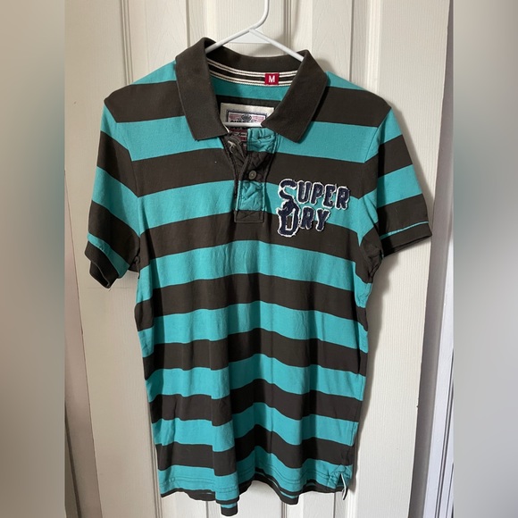 SuperDry Collared Polo Tee Shirt - Green Stripes with pocket - Picture 1 of 5